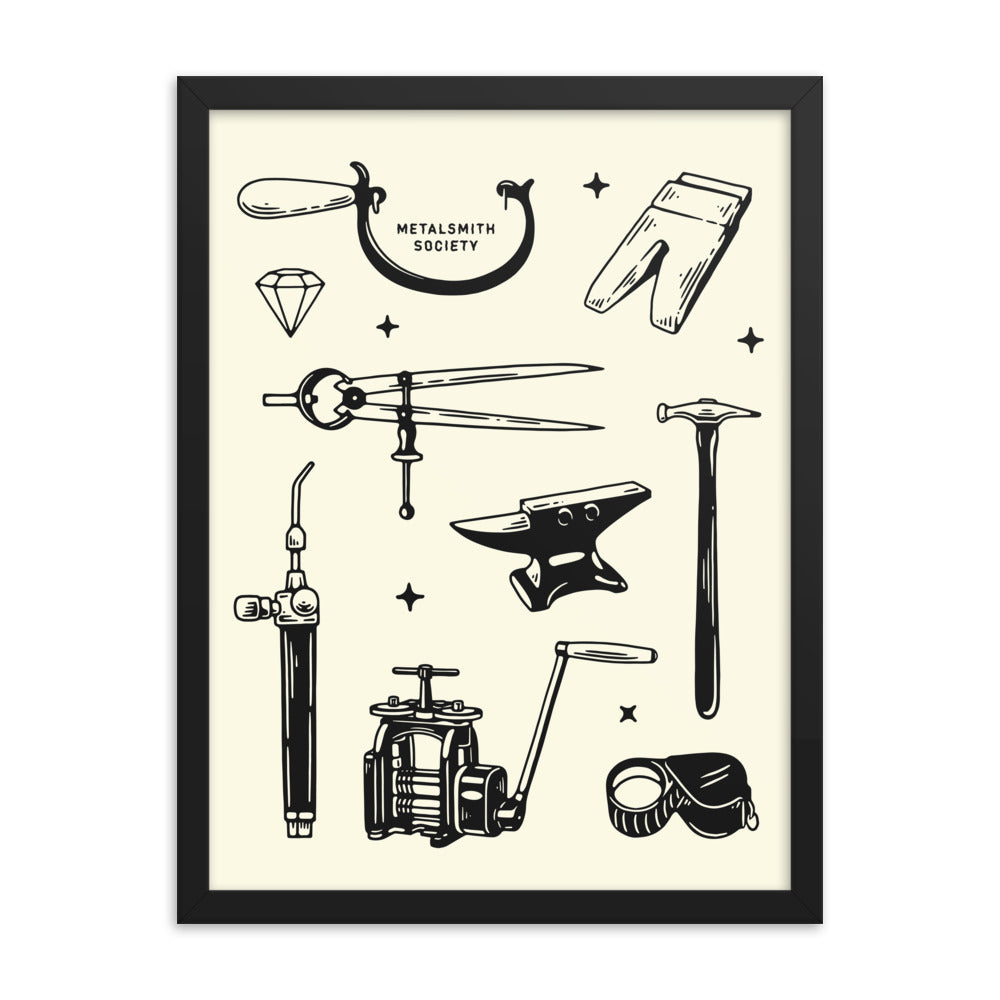 Black framed print of jewelry making tools with the words "Metalsmith Society."