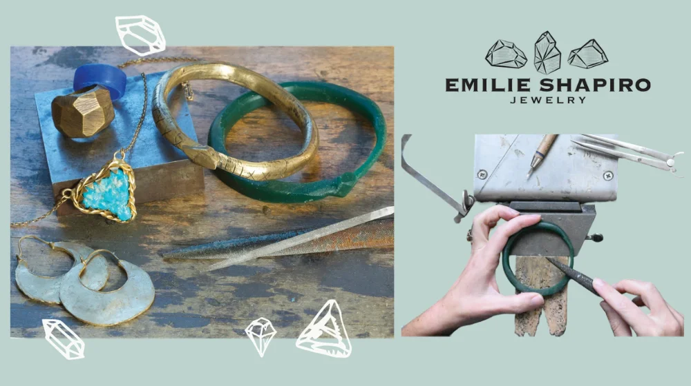 Emilie Shapiro Jewelry: brass and resin bangles beside a bangle being filed at the bench pin