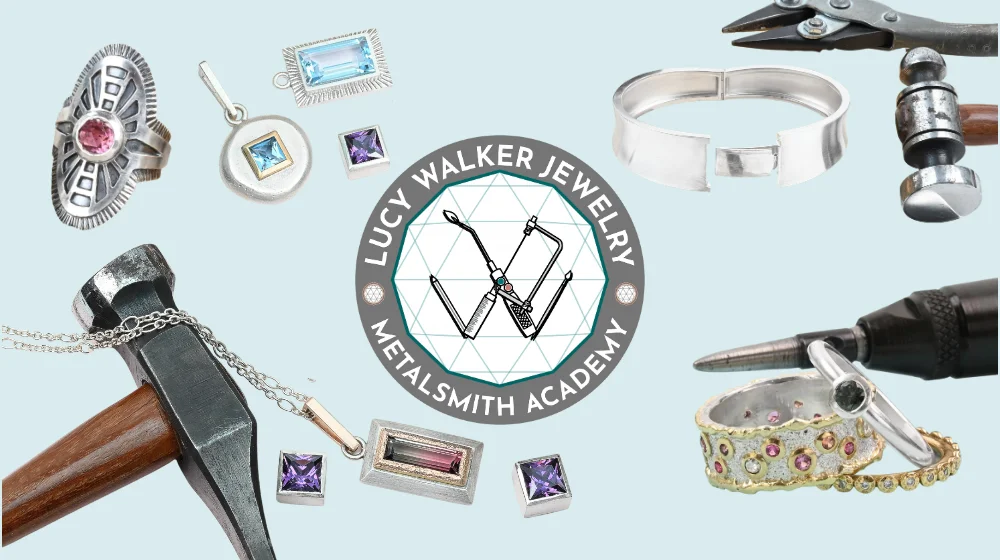 Lucy Walker Jewelry Metalsmith Academy: gemstone rings and pendants around a hammer, pliers and a bracelet