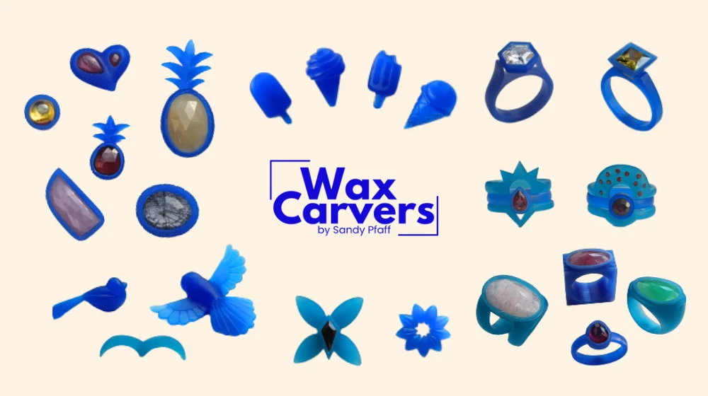 Wax Carvers by Sandy Pfaff: carved wax rings, charms and birds