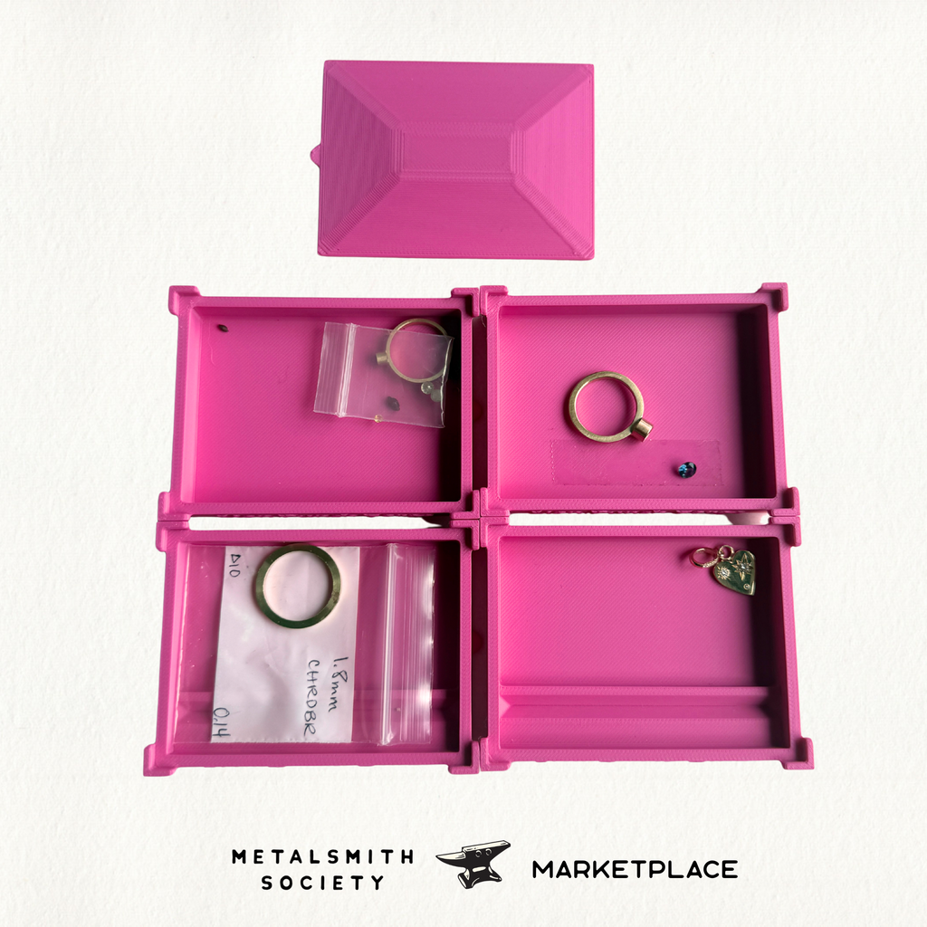 Lion Punch Forge pink nesting bench trays with matching lid, full 5-piece 3D printed storage organizer set for jewelry benches. In Pink color.