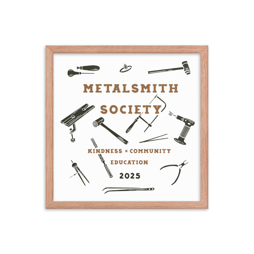 2025 Metalsmith Society framed print highlighting a limited edition design by Kinsey H Designs, elegantly framed in a natural red oak Ayous wood frame with a matte finish.