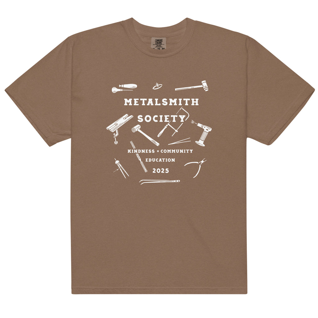 Espresso: "2025 Unisex Metalsmith Society Shirt in espresso brown, featuring the exclusive 2025 design for the jewelry making community.