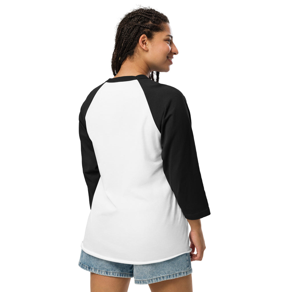 Back View of Shirt: A back-facing view of the 2025 Society Raglan Shirt showcasing its clean and simple design, with the white body and black sleeves extending to the shoulders.