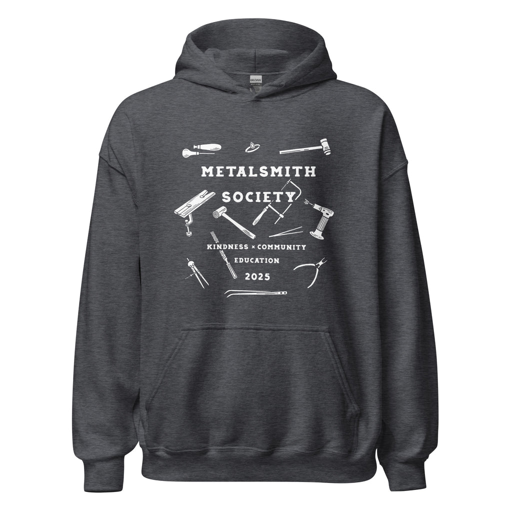 Dark Heather Hoodie - Front View: dark heather gray 2025 Unisex Metalsmith Society Hoodie, highlighting the comfortable hood and unisex style.