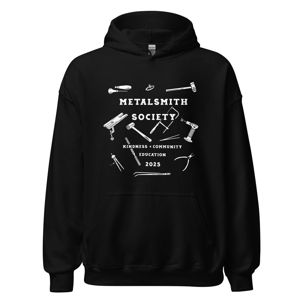 Black Hoodie - Front View: "Front view of the 2025 Unisex Metalsmith Society Hoodie in black, featuring the limited edition design by Kinsey H Designs.