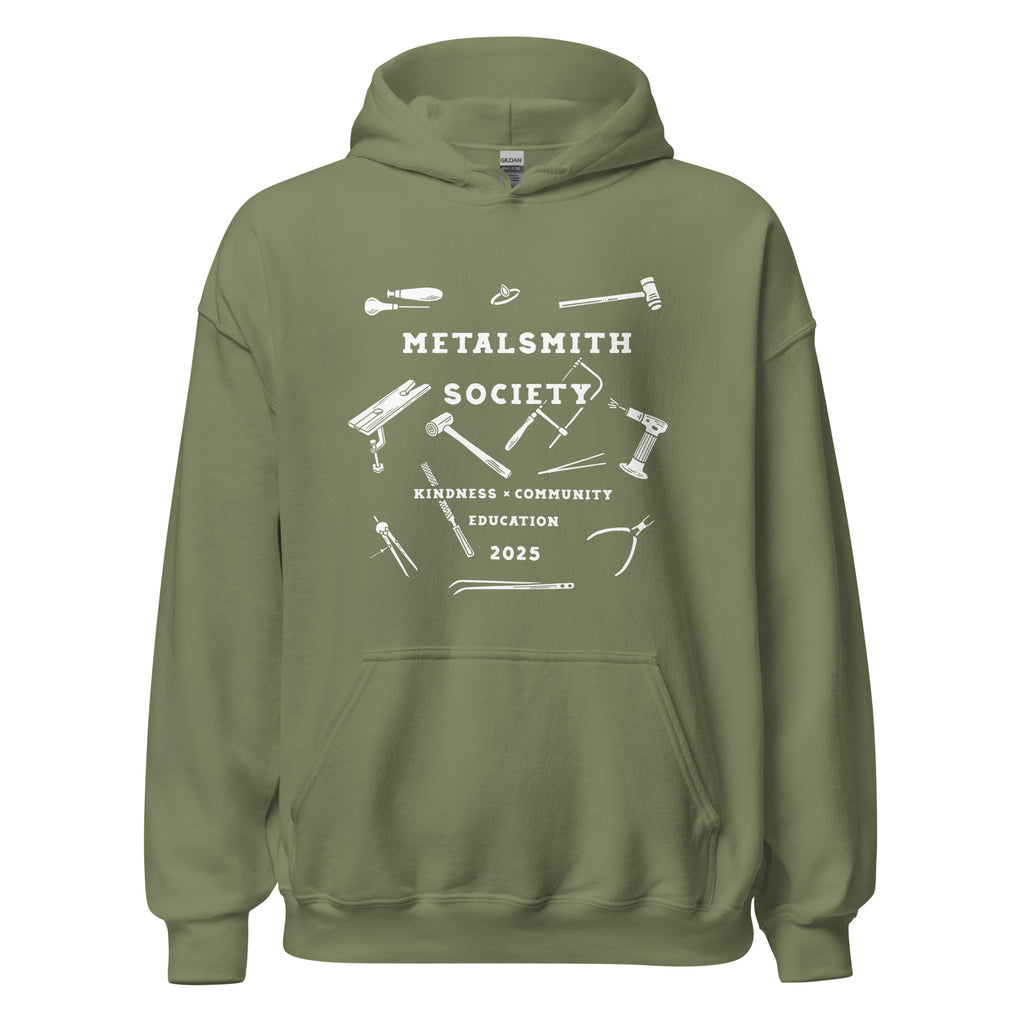 Military Green Hoodie - Front View: "Front view of the 2025 Unisex Metalsmith Society Hoodie in military green, displaying the exclusive 2025 design for the jewelry making community.