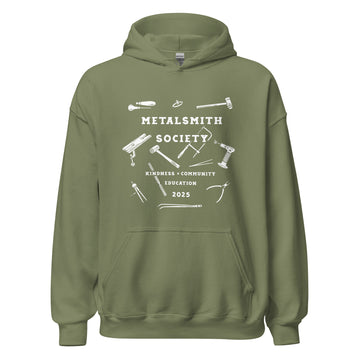 Military Green Hoodie - Front View: "Front view of the 2025 Unisex Metalsmith Society Hoodie in military green, displaying the exclusive 2025 design for the jewelry making community.