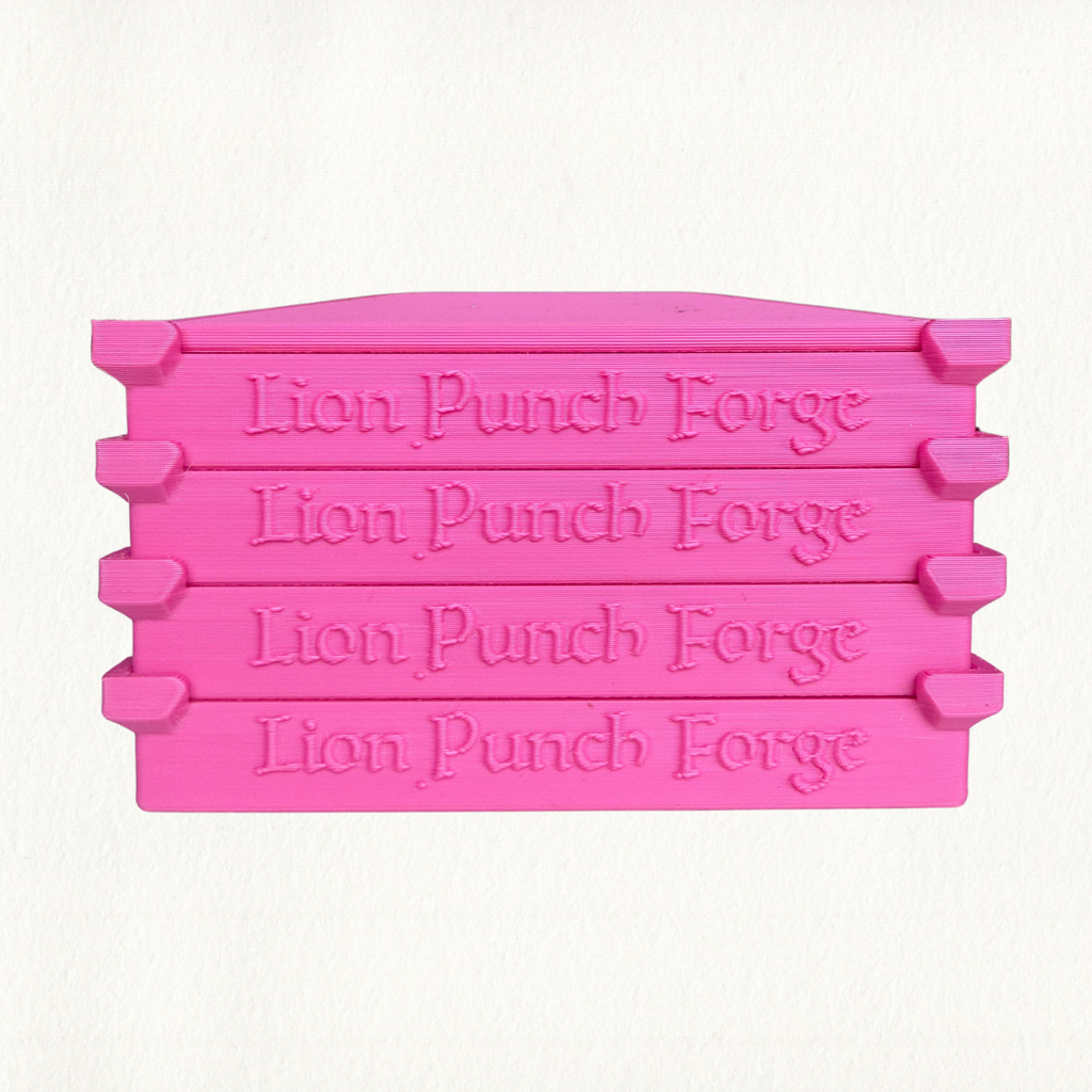 Pink Stacking Trays Lion Punch Forge nesting bench trays in stacked configuration, 3D printed PLA/PETG organizer set for jewelry bench