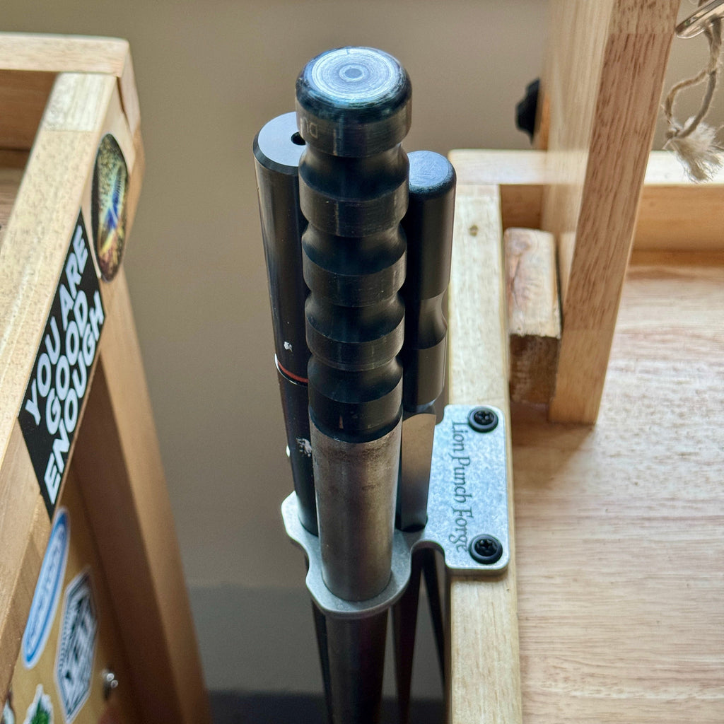 Ring and bezel mandrel holder for jewelers — durable aluminum bench organizer for keeping jewelry tools secure and accessible.