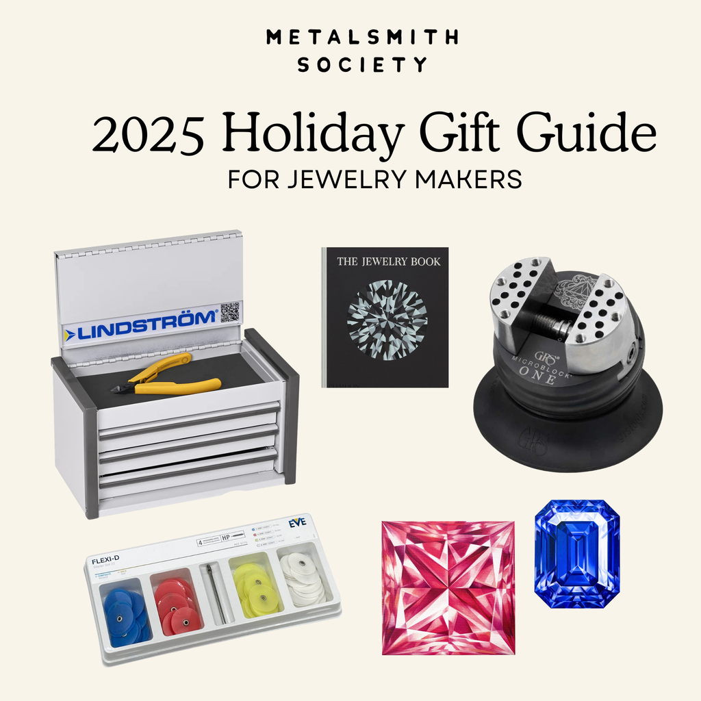 2025 Holiday Gift Guide for Jewelry Makers by Metalsmith Society with tools and gemstones on a white background.