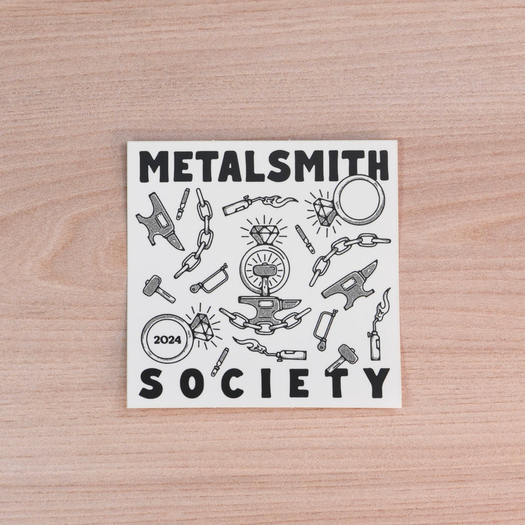 Metalsmith Society 2024 sticker featuring illustrated jewelry tools on white background. Designed by BORING FRIENDS