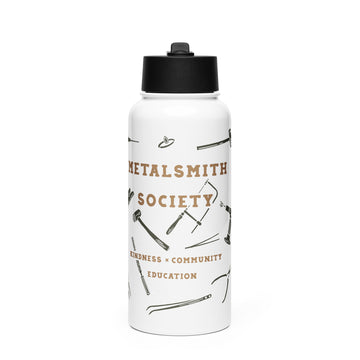 Front view of the water bottle: "Stainless steel water bottle featuring illustrations of jewelry-making tools, including a jeweler's saw, hammer, and pliers, on a sleek black background.