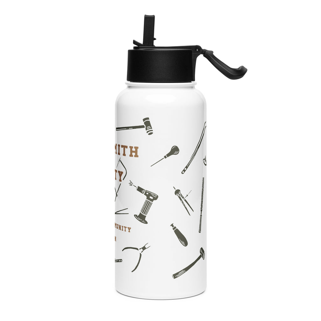 Side view highlighting the design: "Close-up of the water bottle's side, showcasing detailed line drawings of essential jewelry tools, such as a ring mandrel and bench pin, emphasizing craftsmanship.