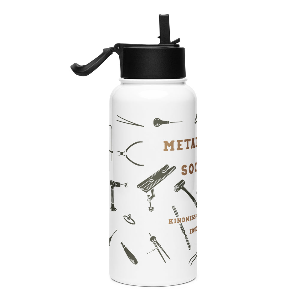 Side view highlighting the design: "Close-up of the water bottle's side, showcasing detailed line drawings of essential jewelry tools, such as a ring mandrel and bench pin, emphasizing craftsmanship.