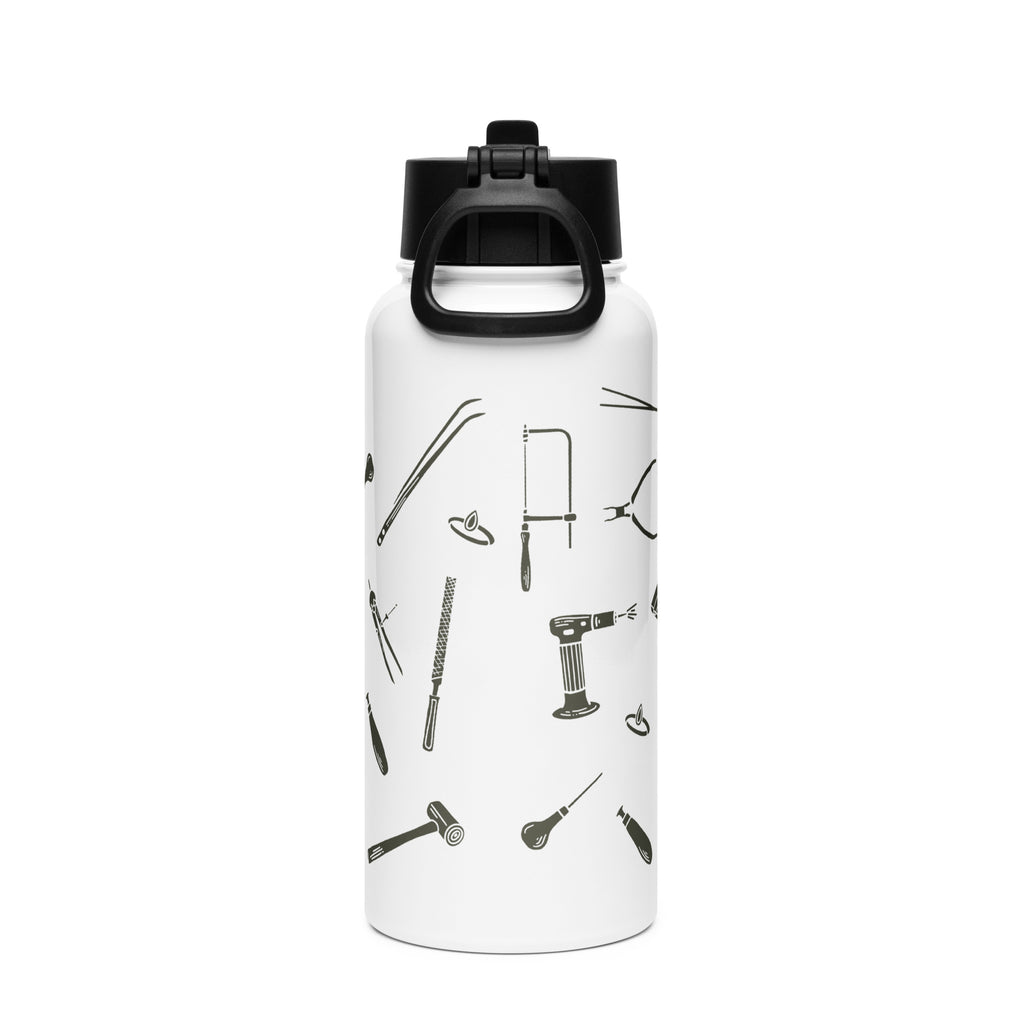 Back view highlighting the design: "Close-up of the water bottle's side, showcasing detailed line drawings of essential jewelry tools, such as a ring mandrel and bench pin, emphasizing craftsmanship.