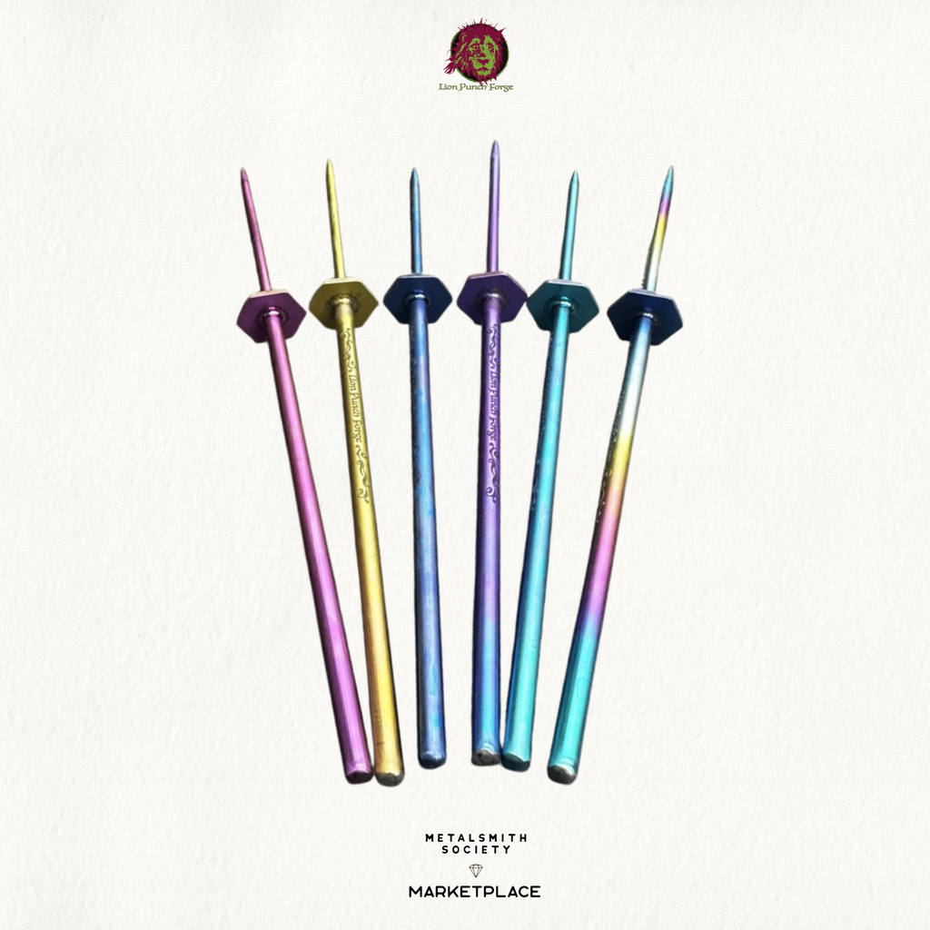 Set of anodized titanium soldering picks in multiple colors: purple, blue, gold, teal, and rainbow