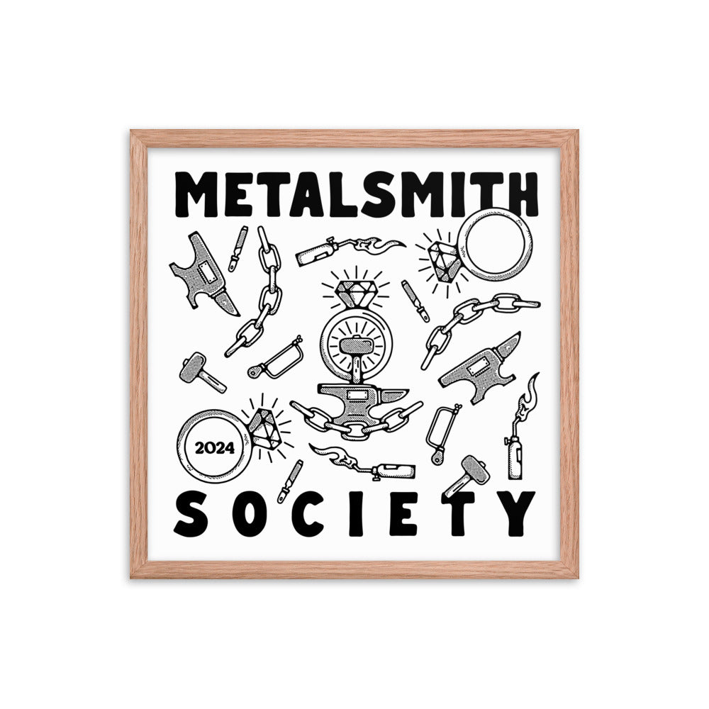 A framed print featuring jewelry making tools and "Metalsmith Society 2024".