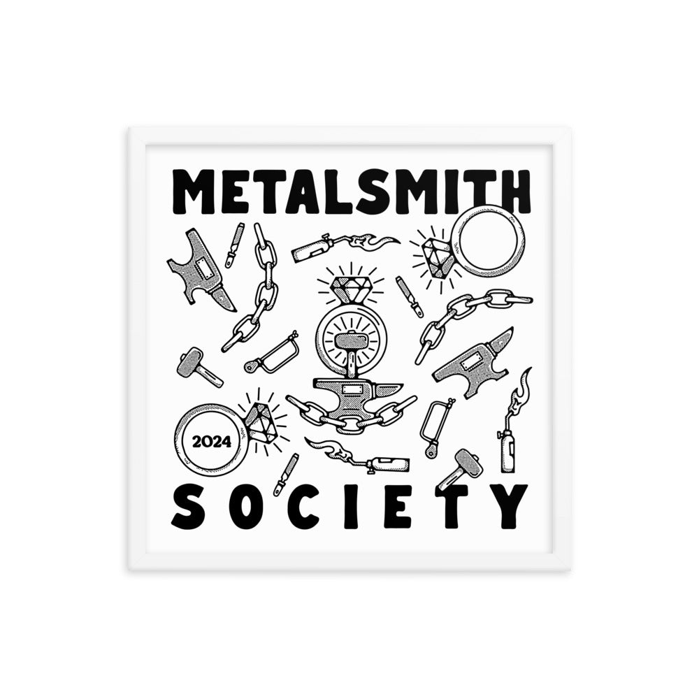 A framed print featuring jewelry making tools and "Metalsmith Society 2024".